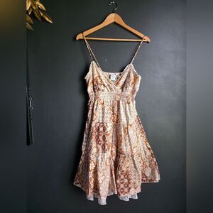 La Belle Baby Doll Bust Smocked Waist Lined Knee Lace Trim Midi Dress VTG Sz 11